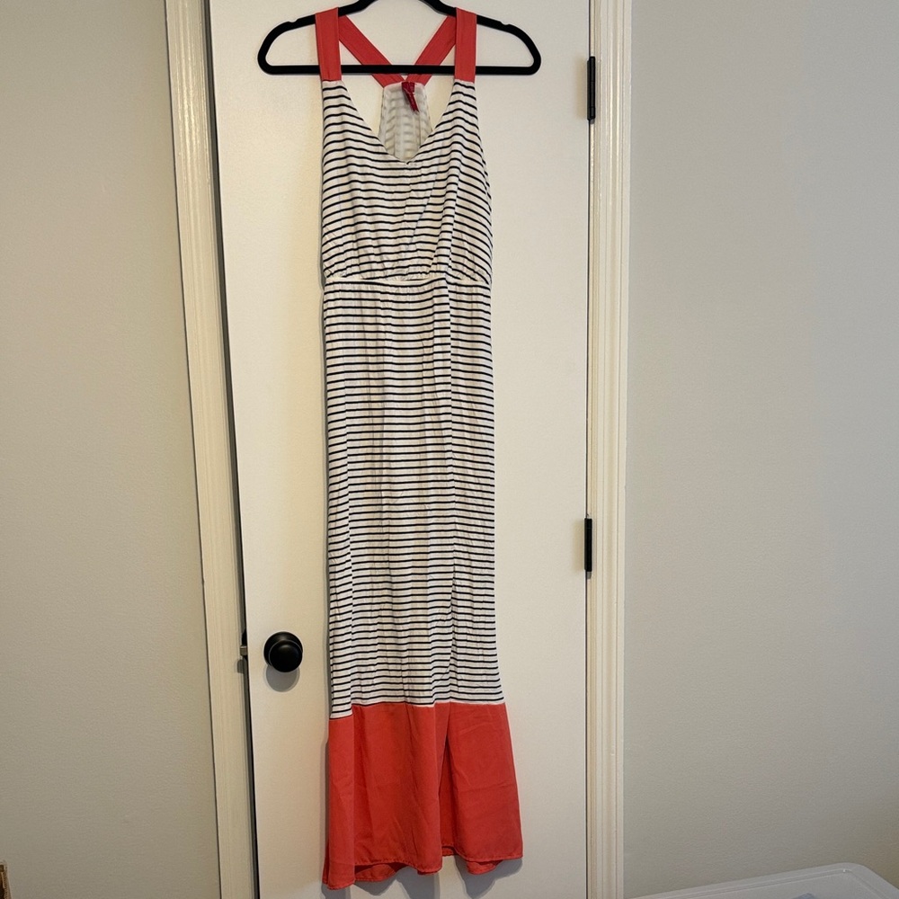 Red Camel Coral and Navy Striped Dress